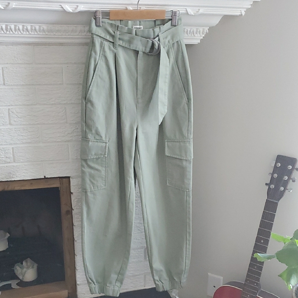 Womens Aritzia Sunday Best Sage Green Ankle Cargo Pants with Belt Size 00